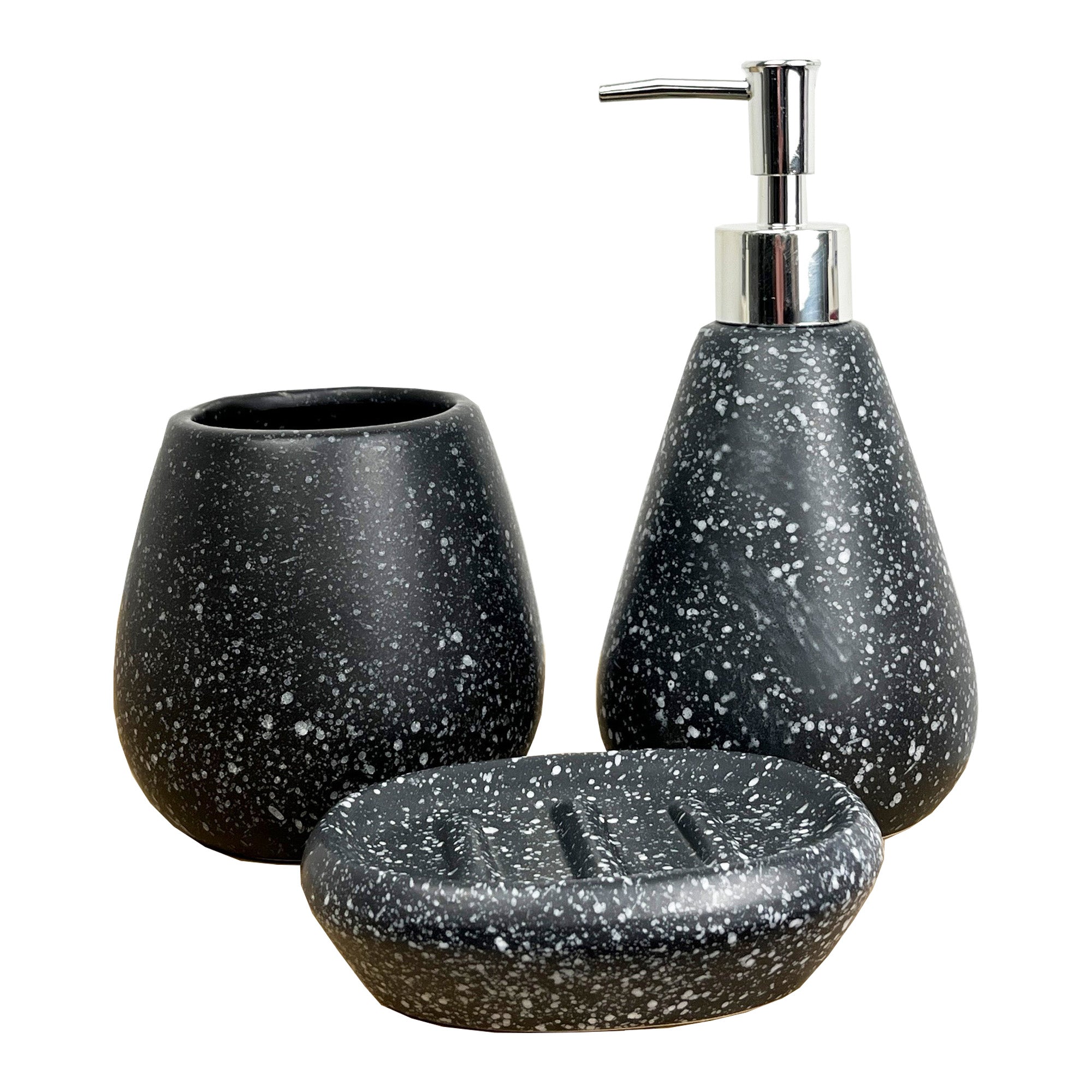 3 Piece Speckled Stone Effect Bathroom Accessories Set - Black