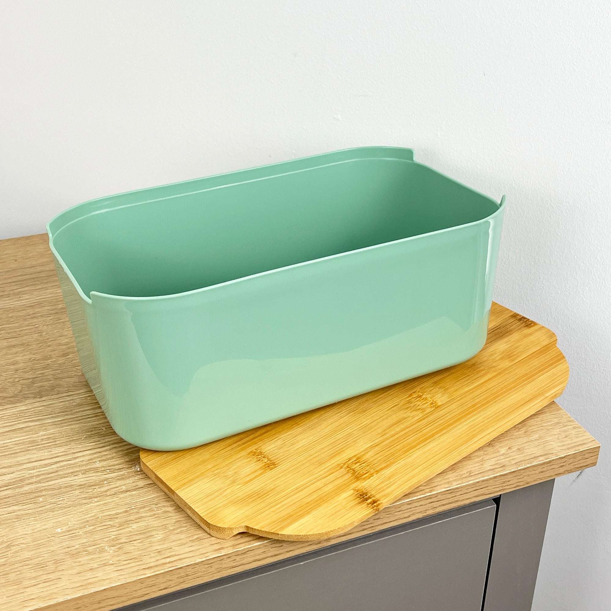 33cm x 12cm Light Green Plastic Bread Bin with Wooden Lid