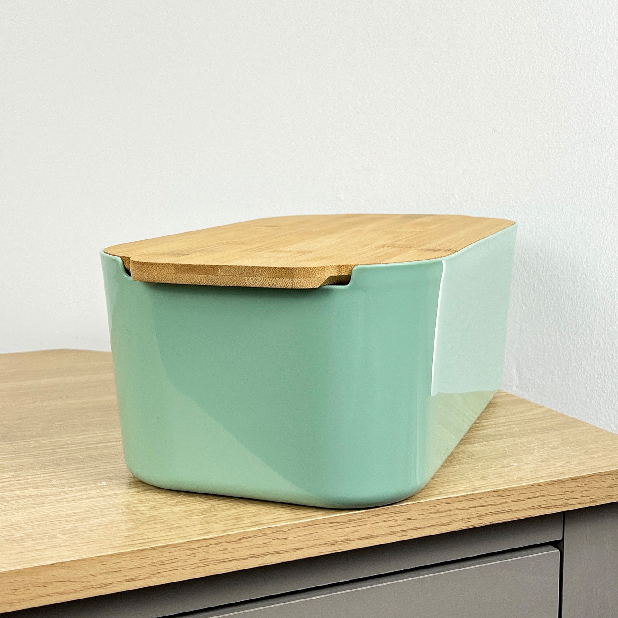 33cm x 12cm Light Green Plastic Bread Bin with Wooden Lid