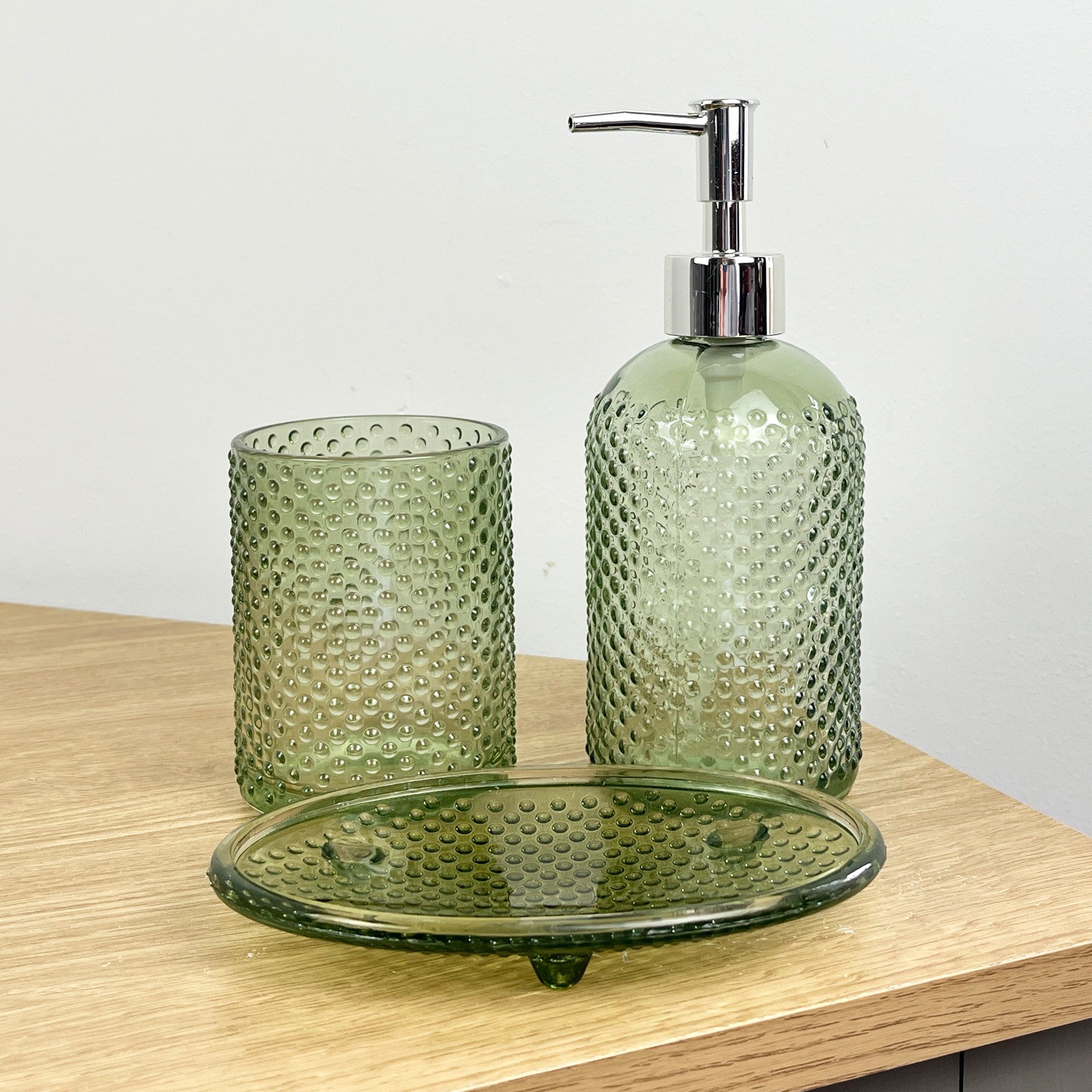 3 Piece Light Green Glass Bathroom Sink Accessories Set - Dotty Design