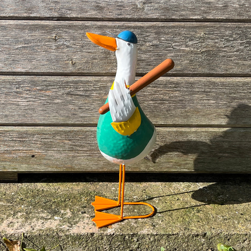 36cm Tall Metal Sporty Duck Garden Ornament - Baseball