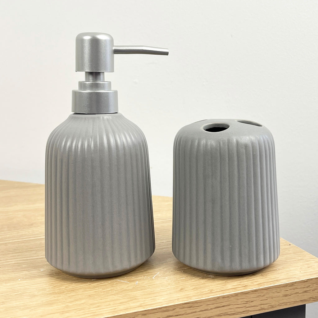 Matt Grey Ceramic Lotion Dispenser & Toothbrush Holder Set