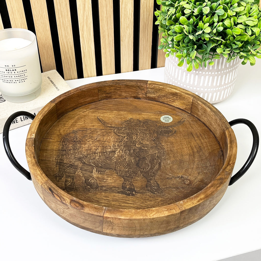 30cm Round Decorative Highland Cow Tray with Handles