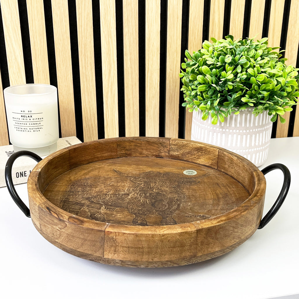 30cm Round Decorative Highland Cow Tray with Handles