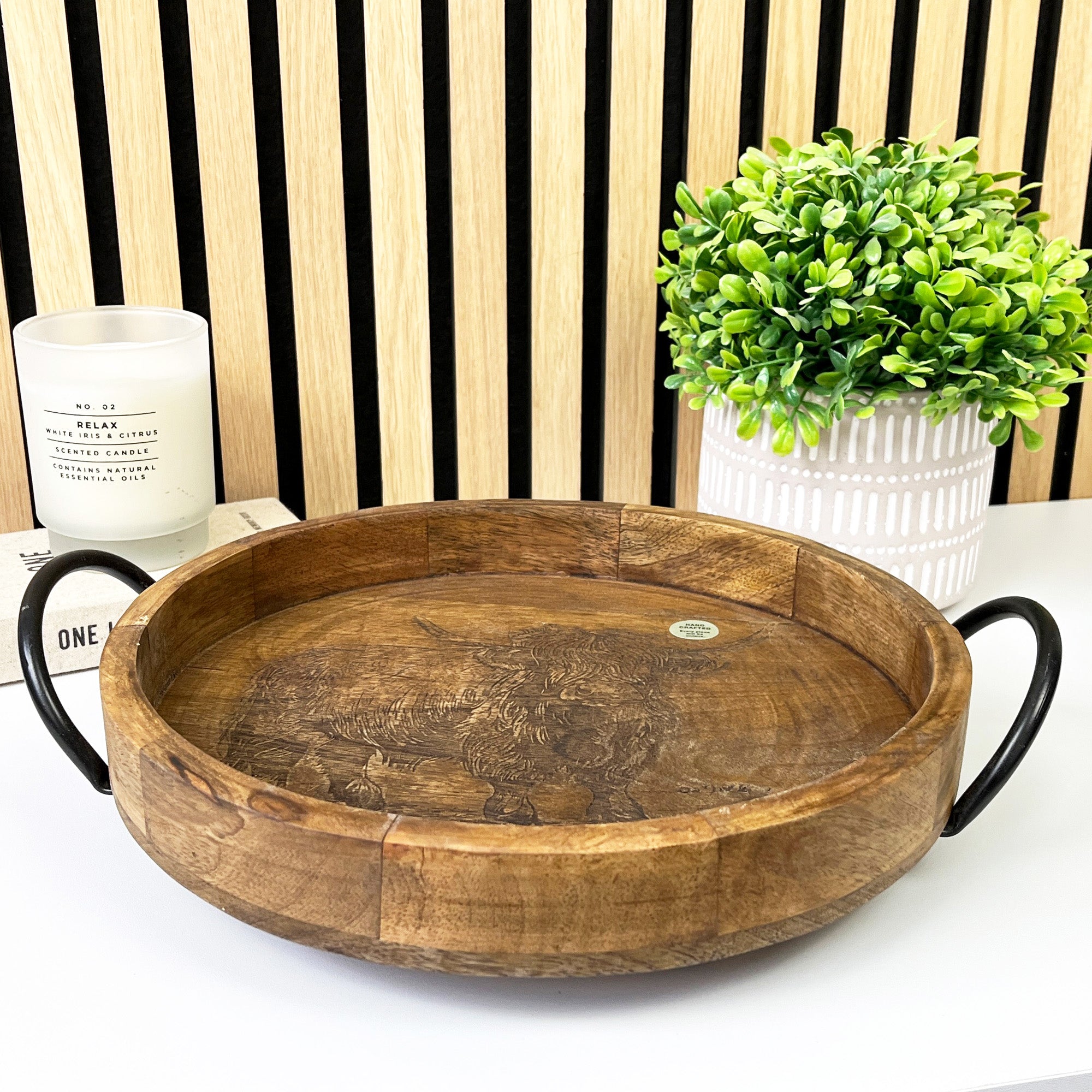 30cm Round Decorative Highland Cow Tray with Handles