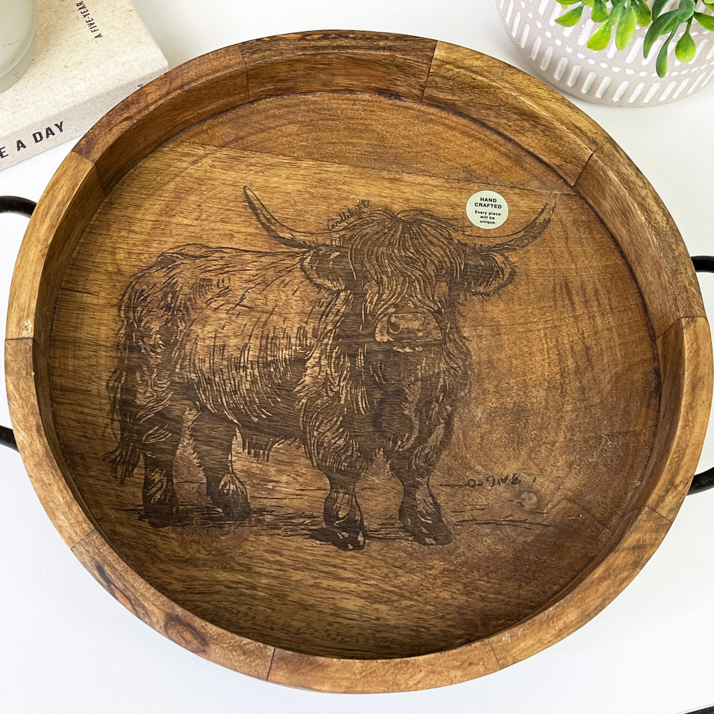 30cm Round Decorative Highland Cow Tray with Handles