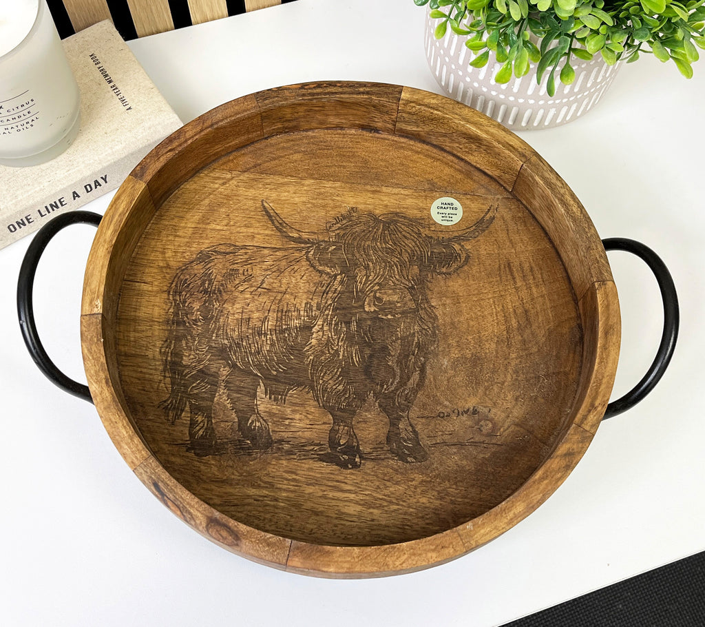 30cm Round Decorative Highland Cow Tray with Handles