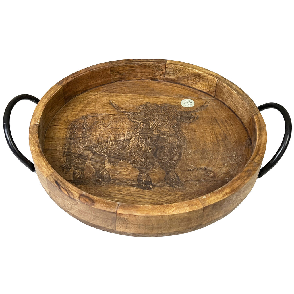 30cm Round Decorative Highland Cow Tray with Handles