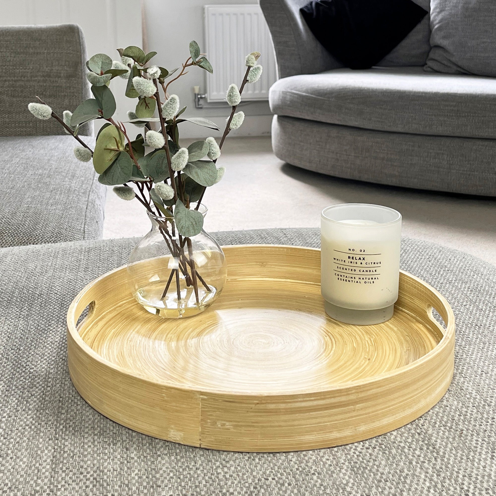35cm Round Spun Bamboo Decorative Tray with Handles