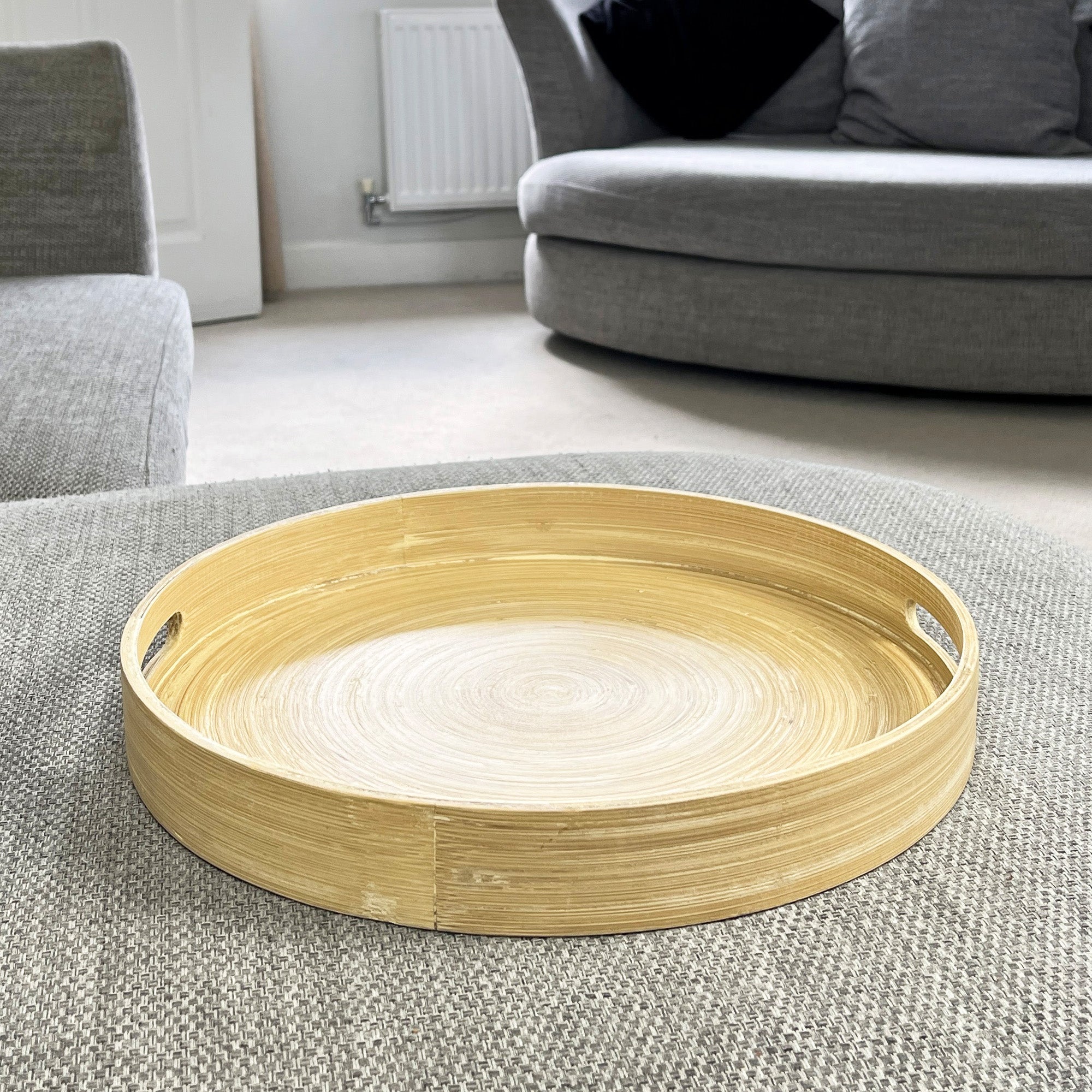 35cm Round Spun Bamboo Decorative Tray with Handles