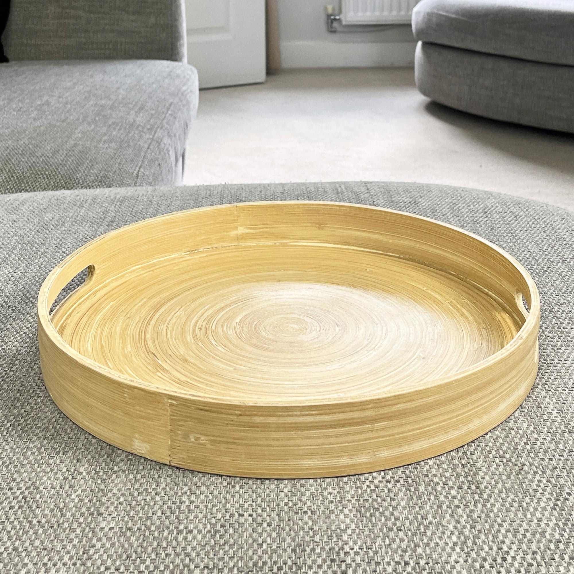 35cm Round Spun Bamboo Decorative Tray with Handles