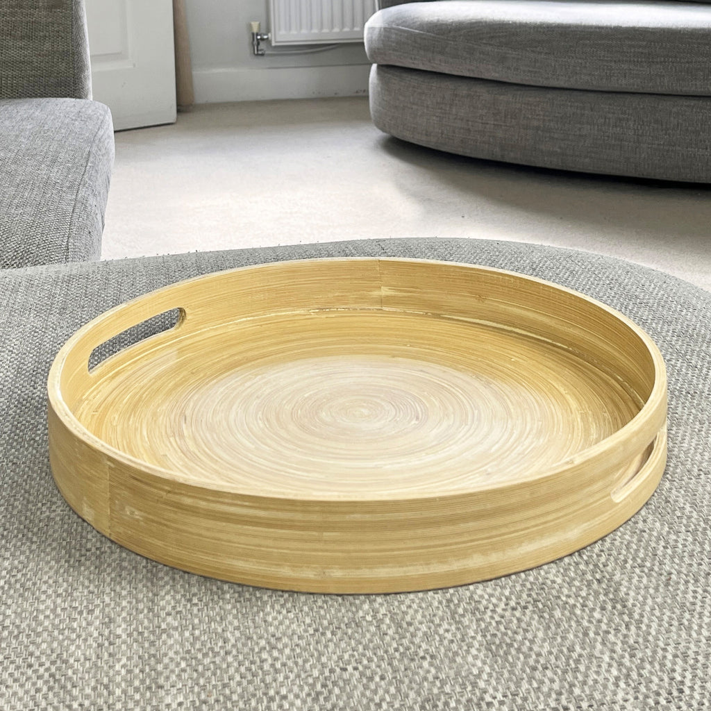 35cm Round Spun Bamboo Decorative Tray with Handles