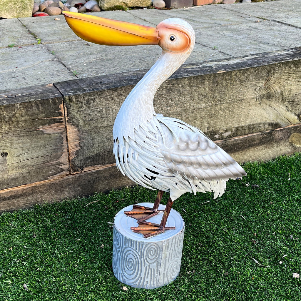48cm Tall Pelican on Log Garden Ornament - Metal