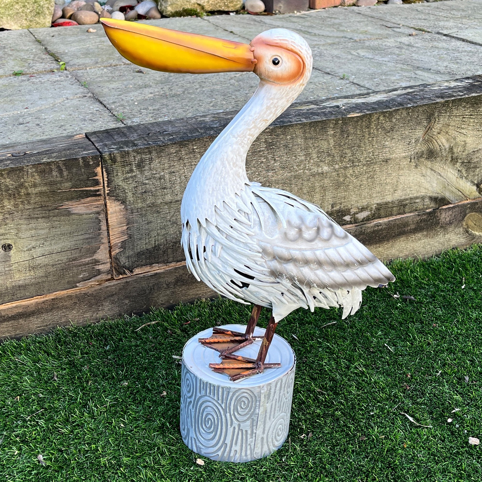 48cm Tall Pelican on Log Garden Ornament - Metal