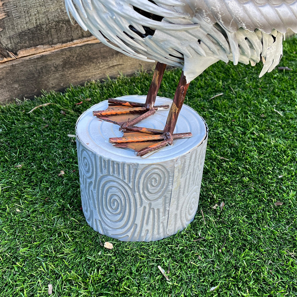 48cm Tall Pelican on Log Garden Ornament - Metal