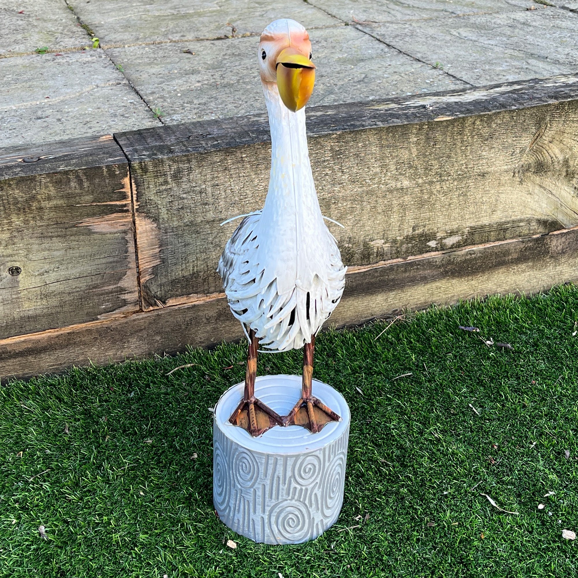 48cm Tall Pelican on Log Garden Ornament - Metal