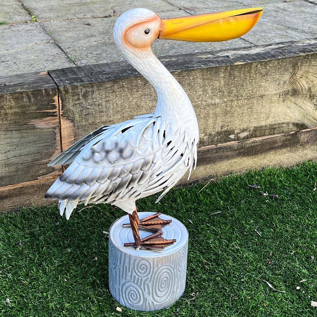 48cm Tall Pelican on Log Garden Ornament - Metal