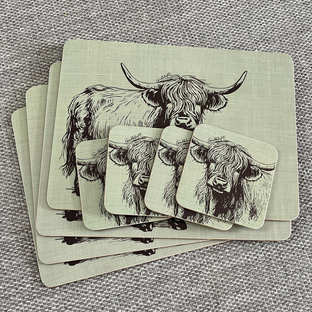 Set of 4 Placemats and Coasters - Green Highland Cow Illustration