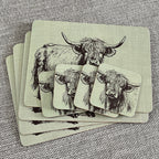Set of 4 Placemats and Coasters - Green Highland Cow Illustration