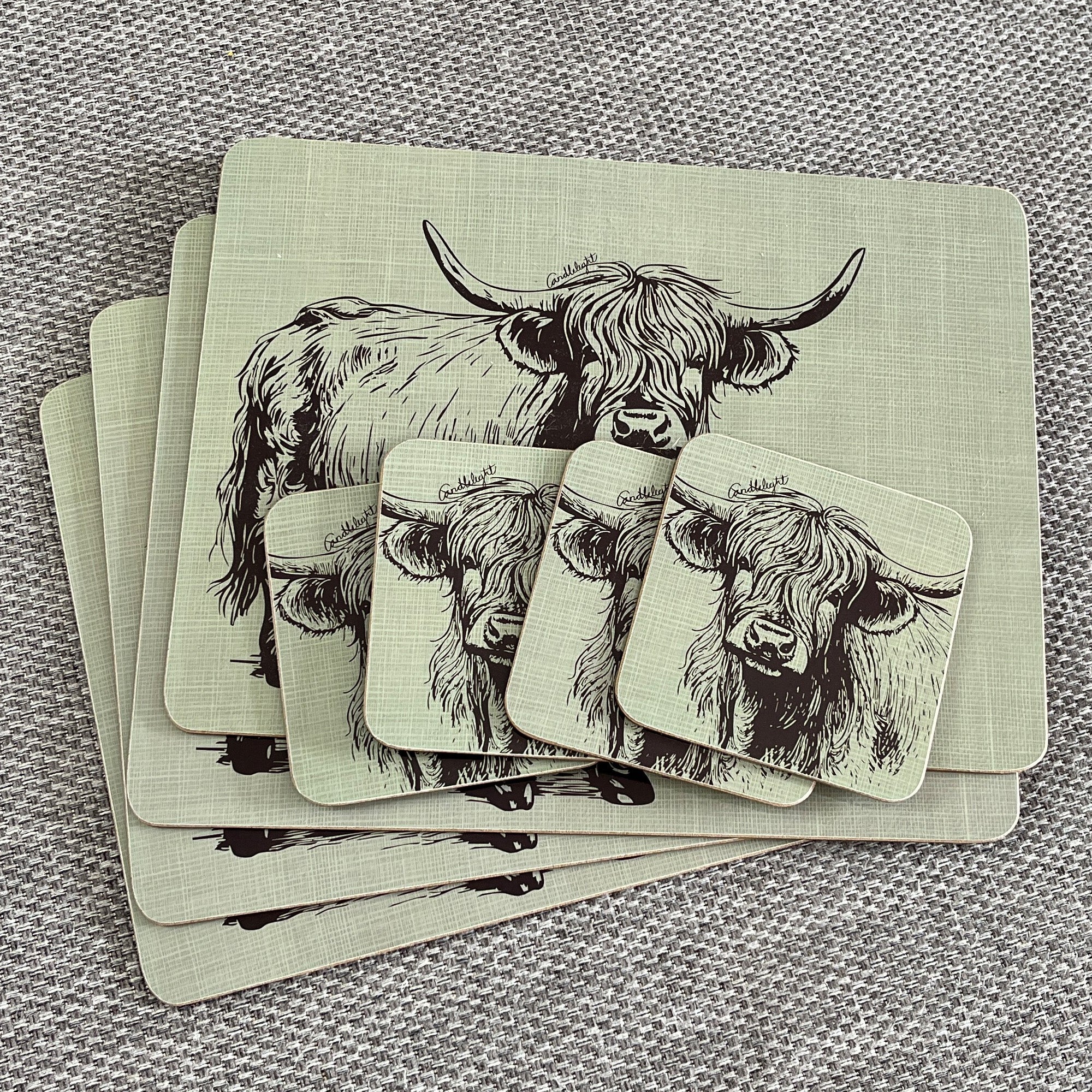 Set of 4 Placemats and Coasters - Green Highland Cow Illustration
