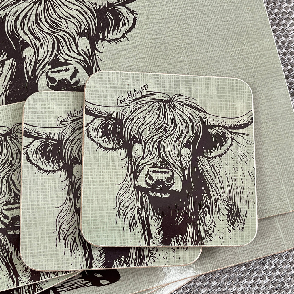 Set of 4 Placemats and Coasters - Green Highland Cow Illustration