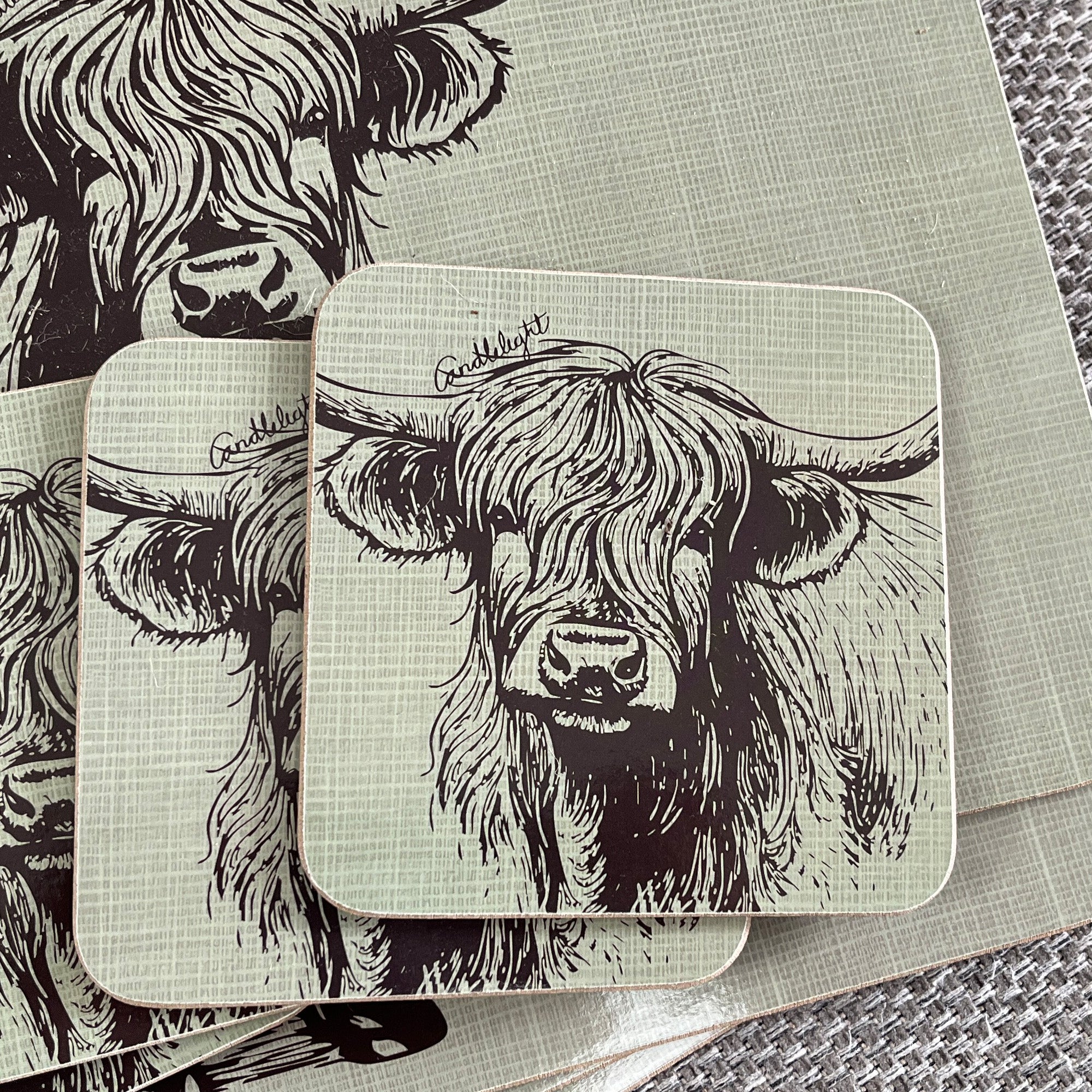 Set of 4 Placemats and Coasters - Green Highland Cow Illustration