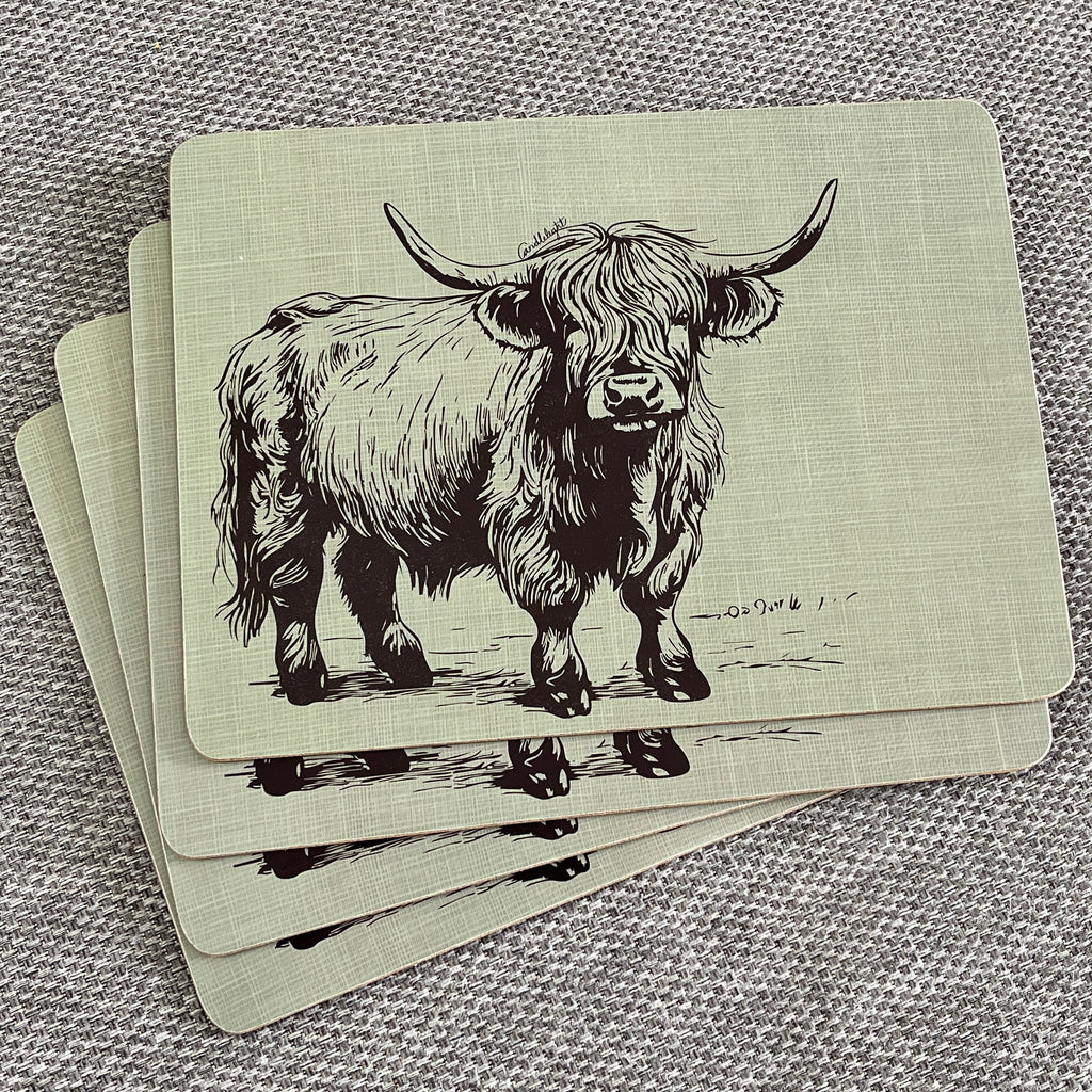 Set of 4 Placemats and Coasters - Green Highland Cow Illustration