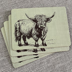 Set of 4 Placemats and Coasters - Green Highland Cow Illustration
