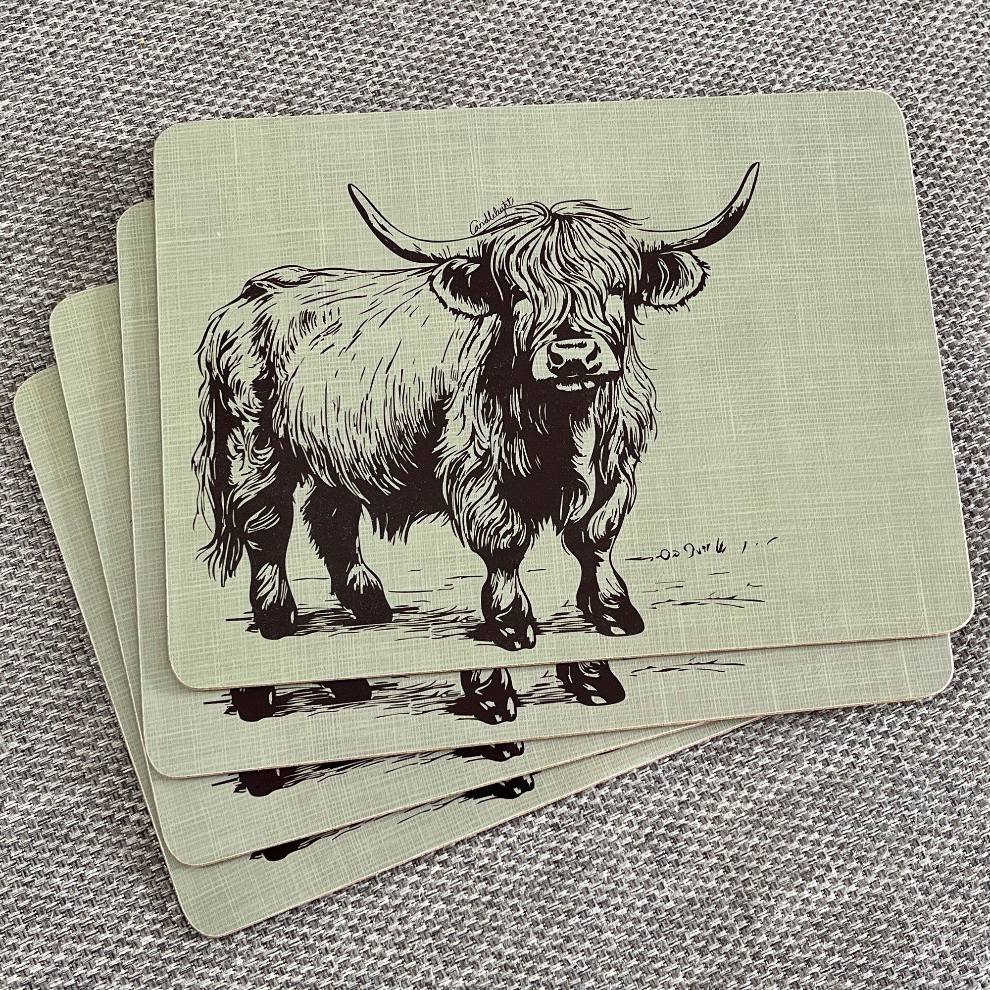 Set of 4 Placemats and Coasters - Green Highland Cow Illustration
