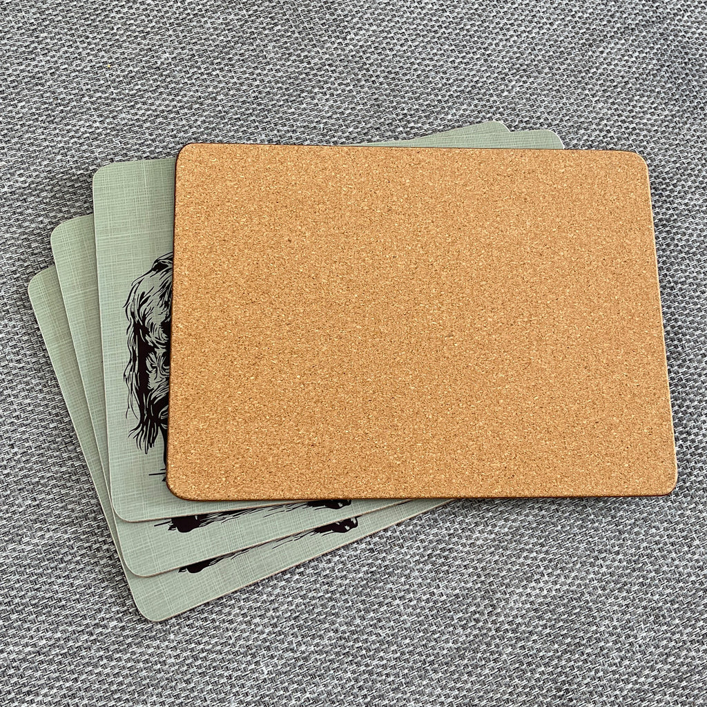 Set of 4 Placemats and Coasters - Green Highland Cow Illustration