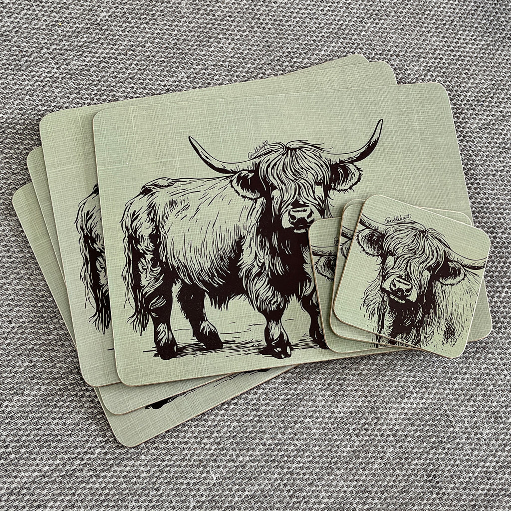 Set of 4 Placemats and Coasters - Green Highland Cow Illustration