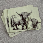 Set of 4 Placemats and Coasters - Green Highland Cow Illustration