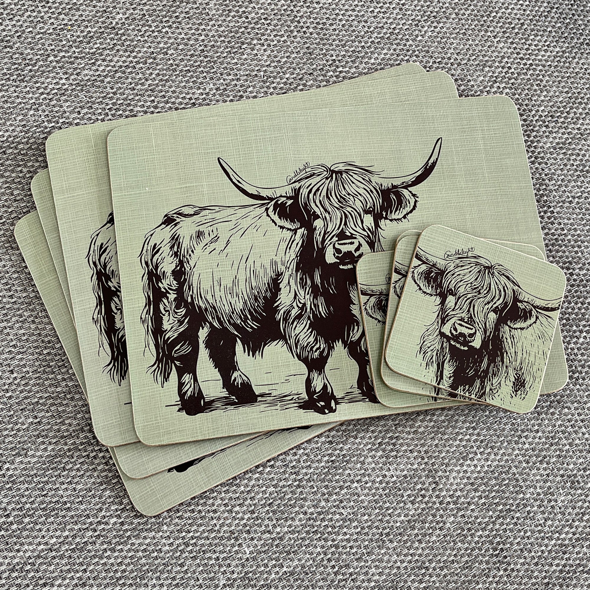 Set of 4 Placemats and Coasters - Green Highland Cow Illustration