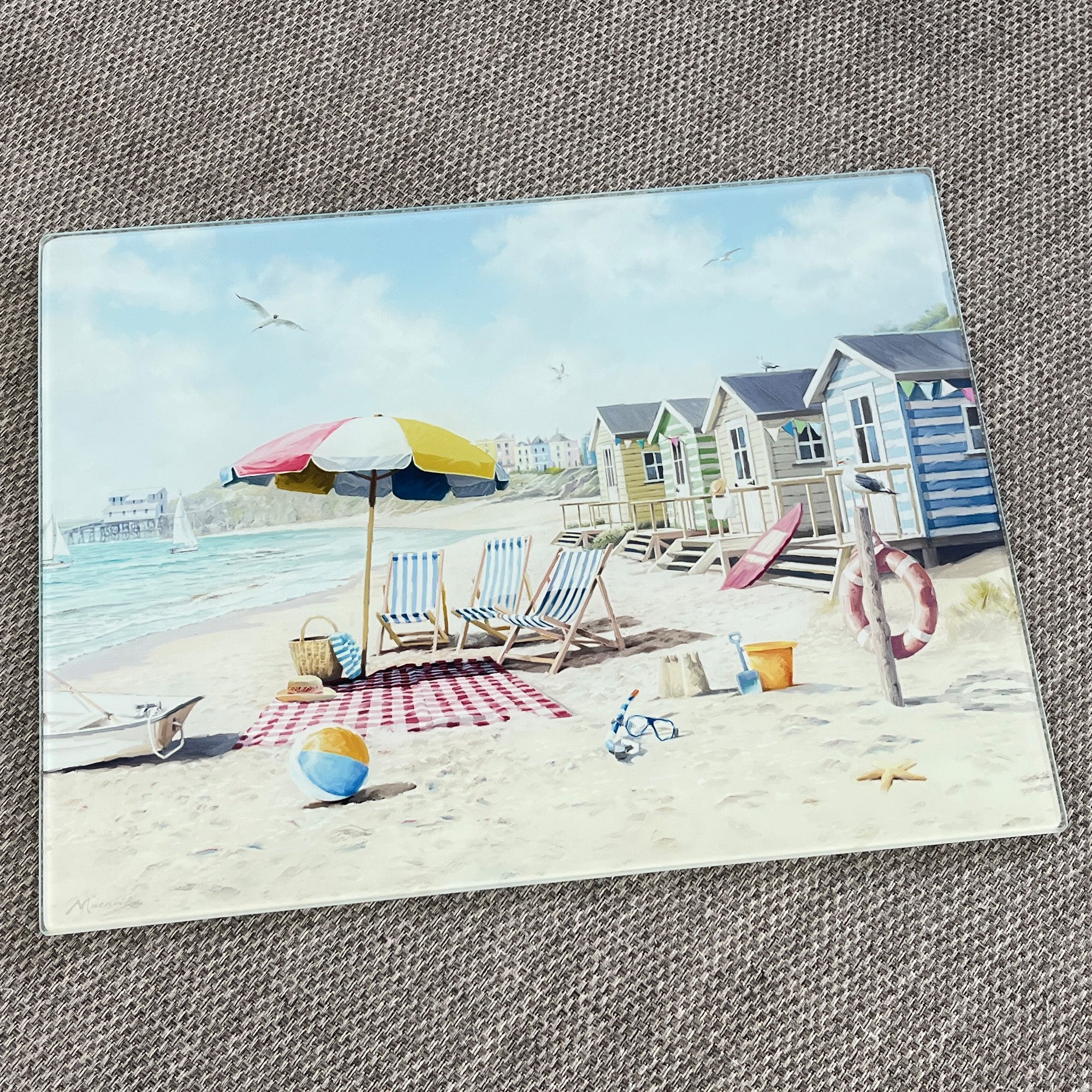 40cm Glass Worktop Saver / Chopping Board – Nautical Beach Hut design