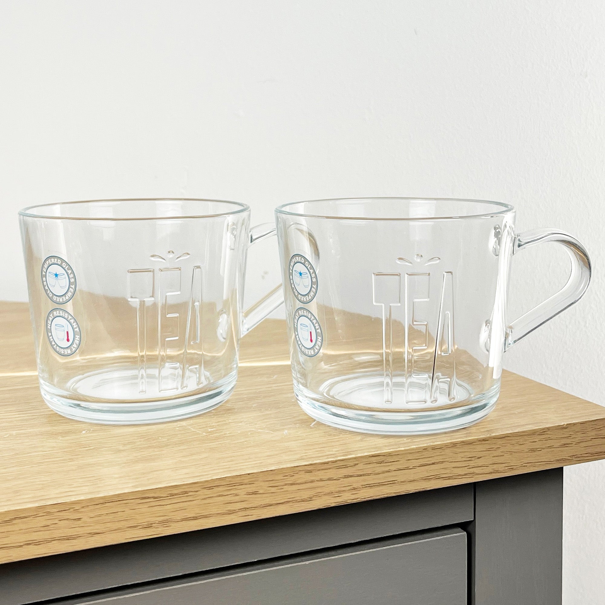 Set of 2 Glass ‘TEA’ Mugs with Handles – Tempered Heat Resistant Glass