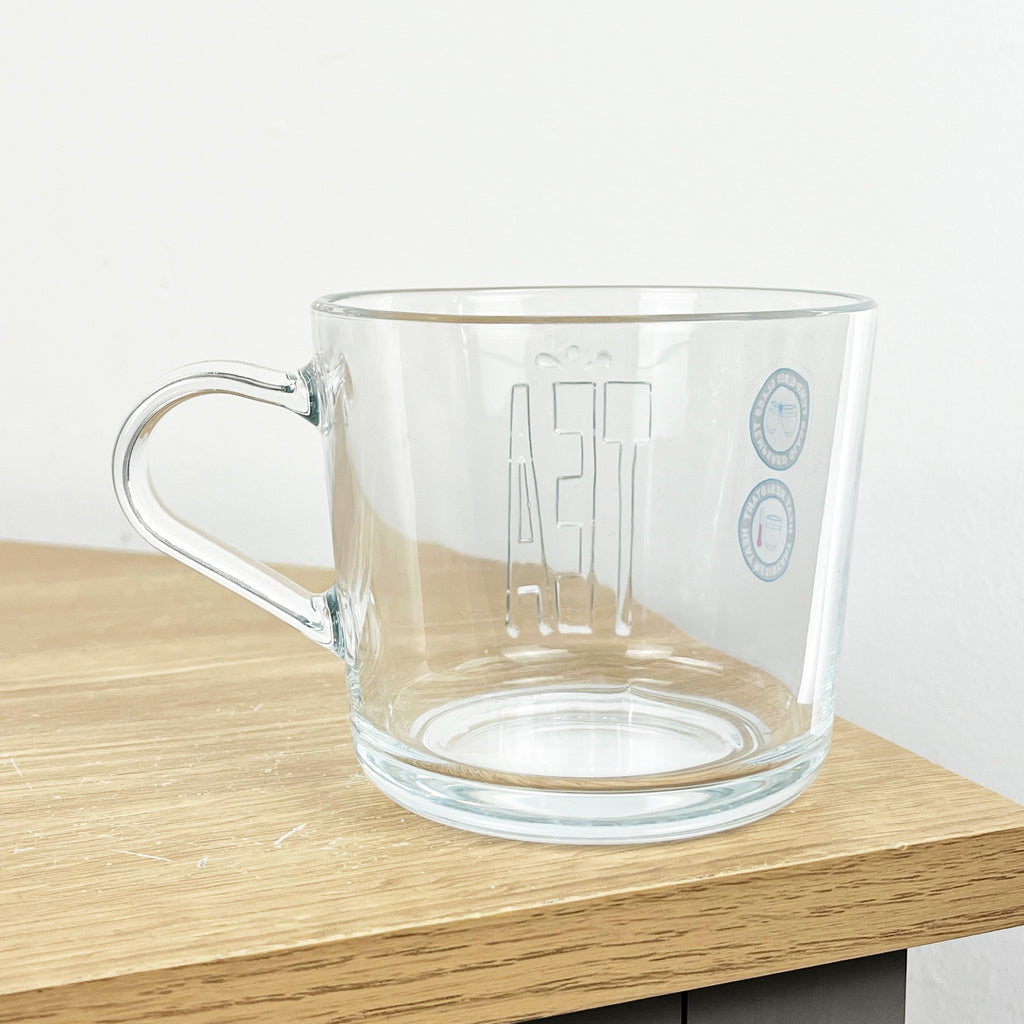 Set of 2 Glass ‘TEA’ Mugs with Handles – Tempered Heat Resistant Glass