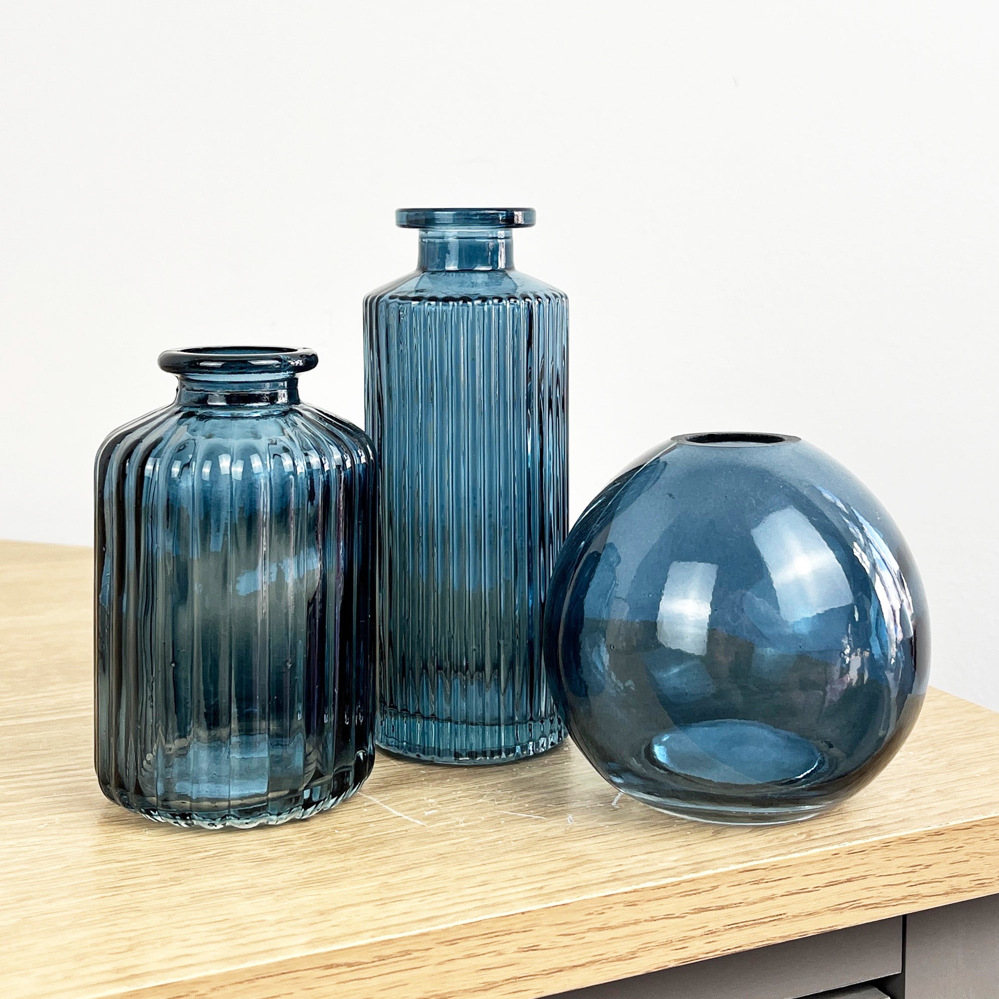Set of 3 Blue Coloured Glass Bud / Stem Vases