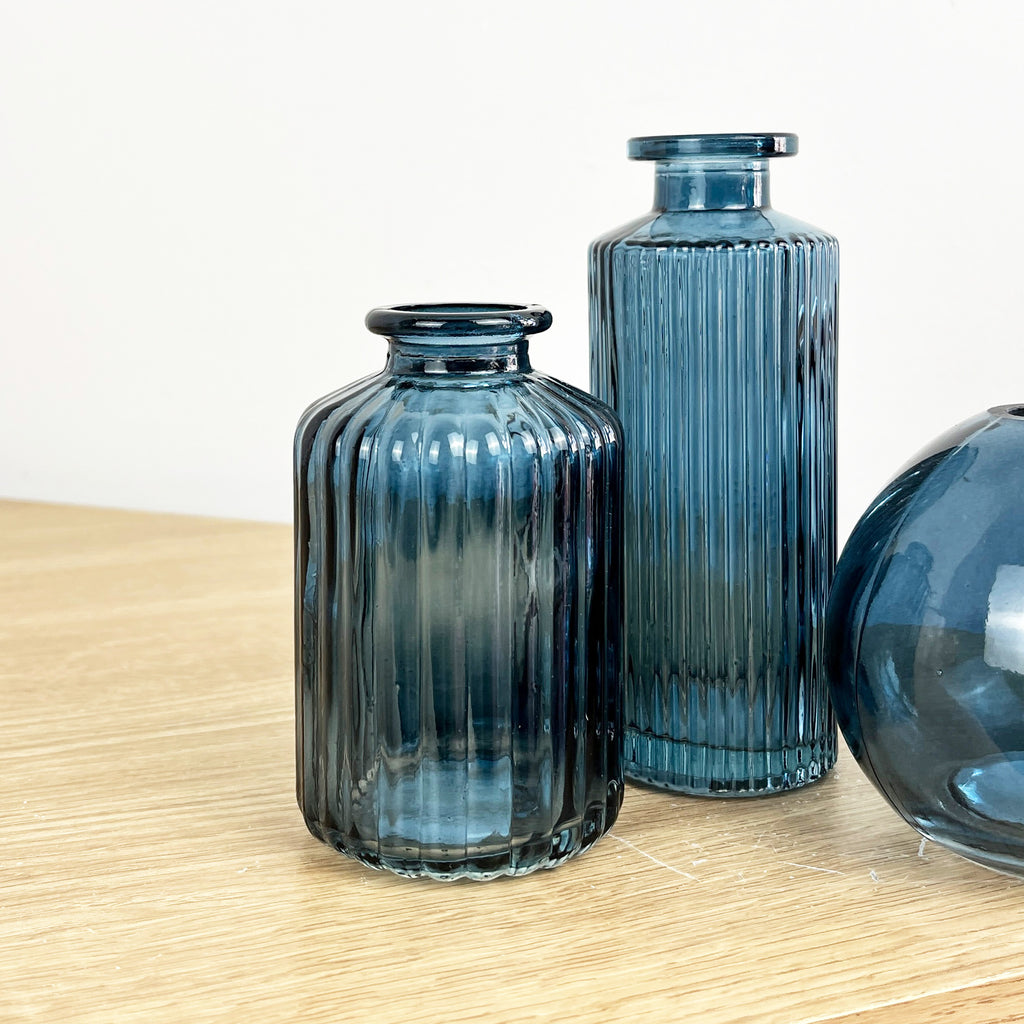 Set of 3 Blue Coloured Glass Bud / Stem Vases