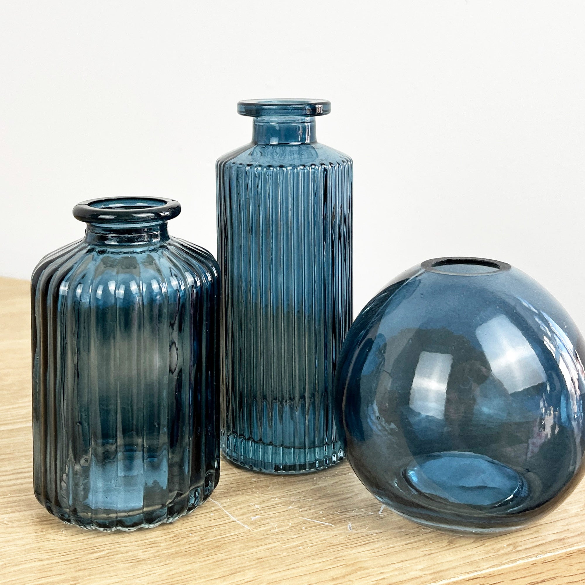 Set of 3 Blue Coloured Glass Bud / Stem Vases