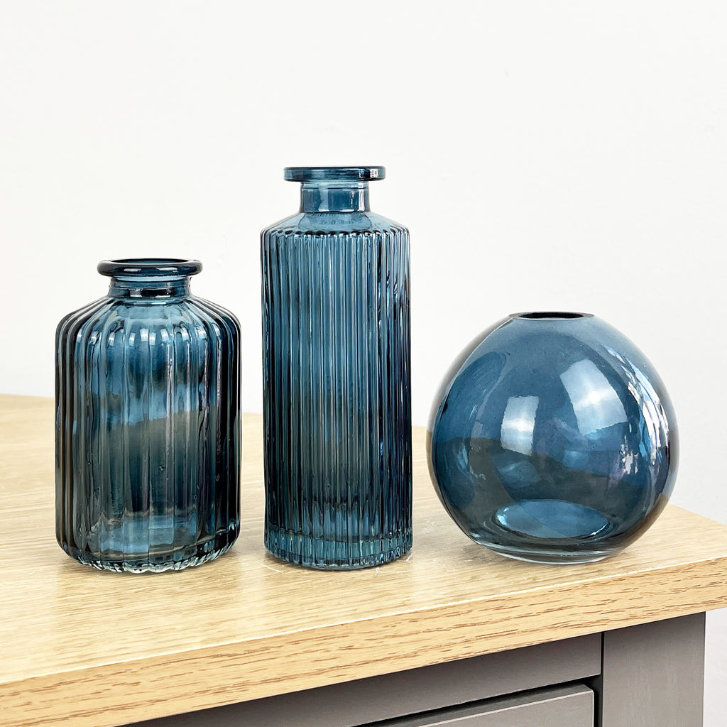 Set of 3 Blue Coloured Glass Bud / Stem Vases