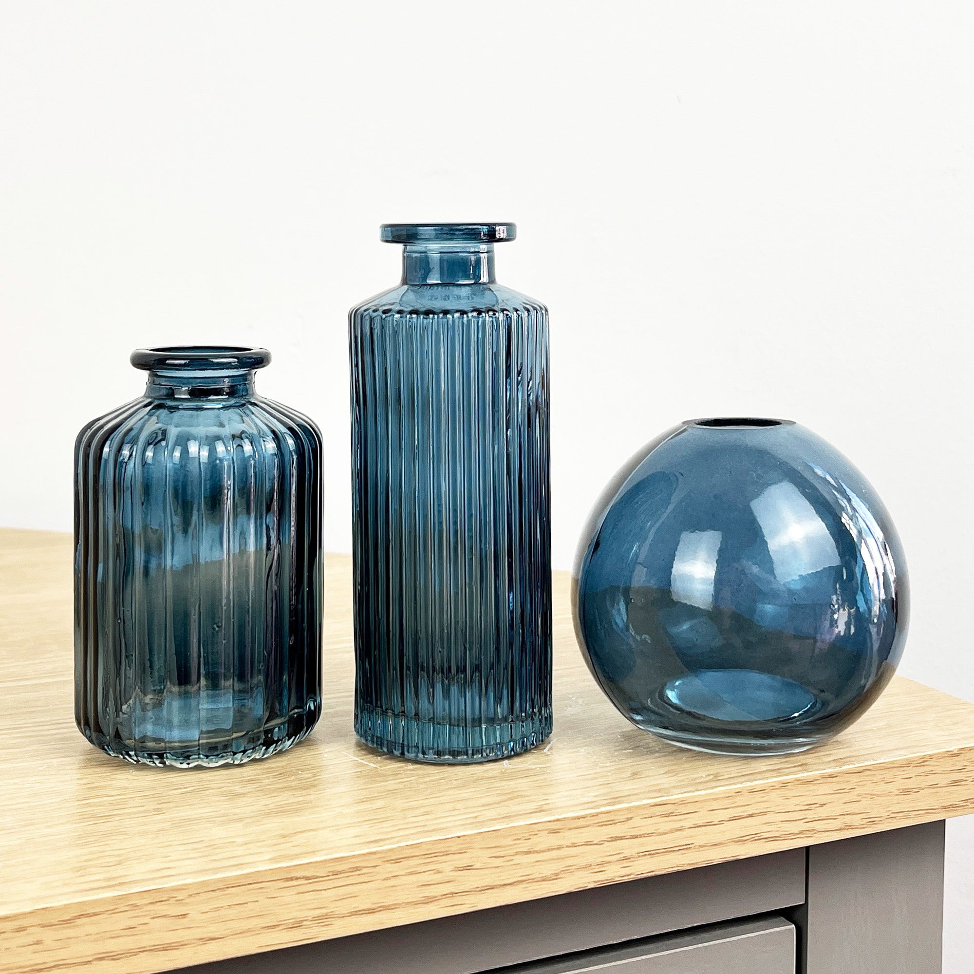 Set of 3 Blue Coloured Glass Bud / Stem Vases
