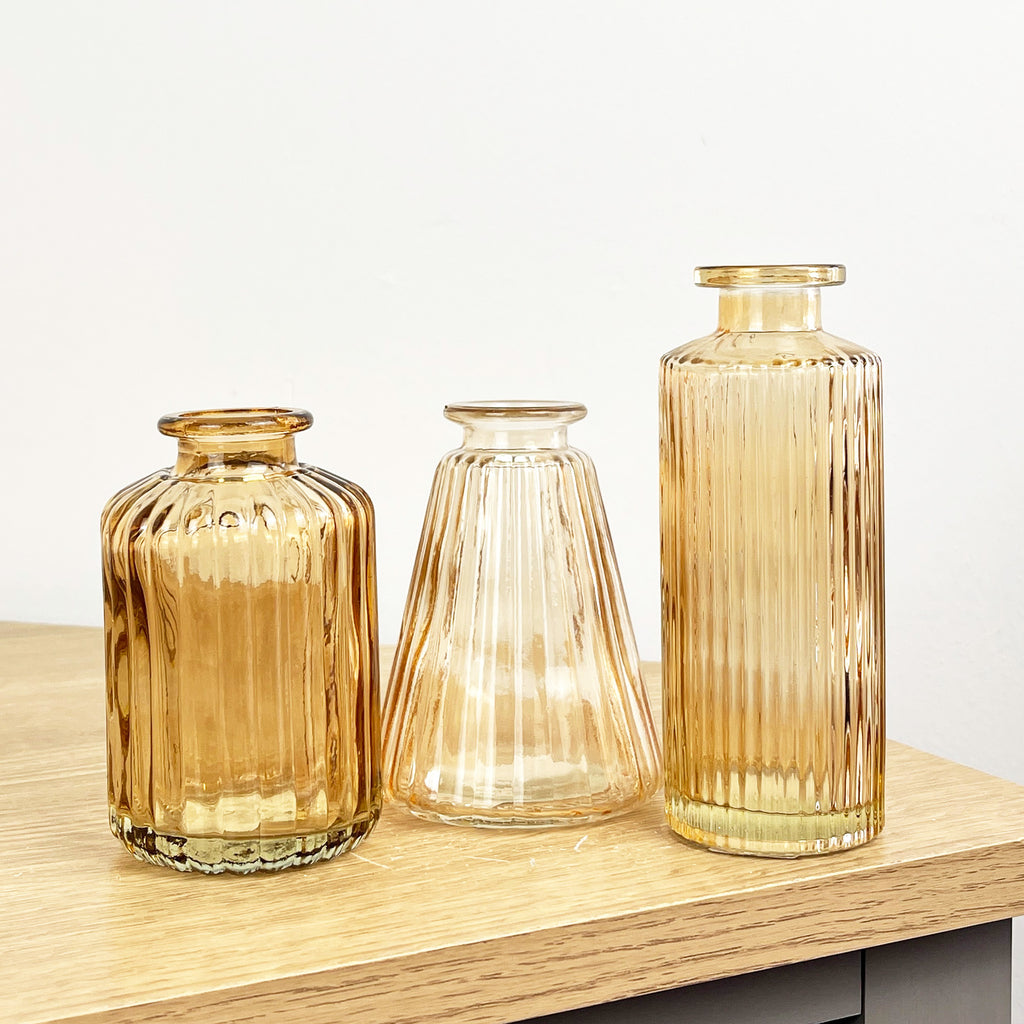 Set of 3 Amber Coloured Glass Bud / Stem Vases