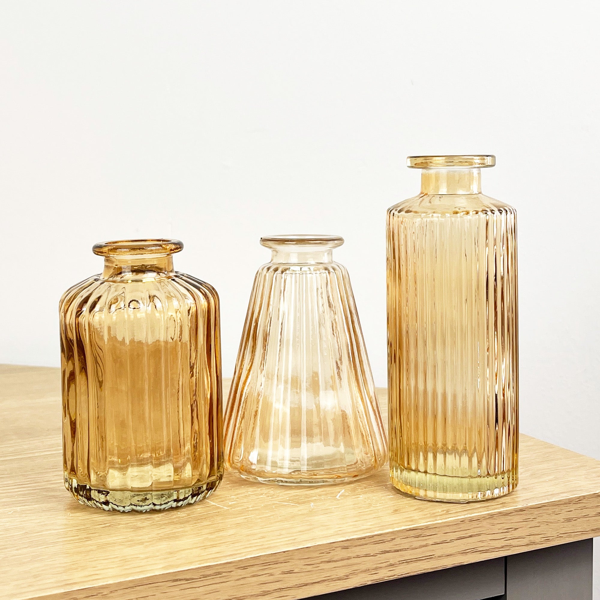 Set of 3 Amber Coloured Glass Bud / Stem Vases