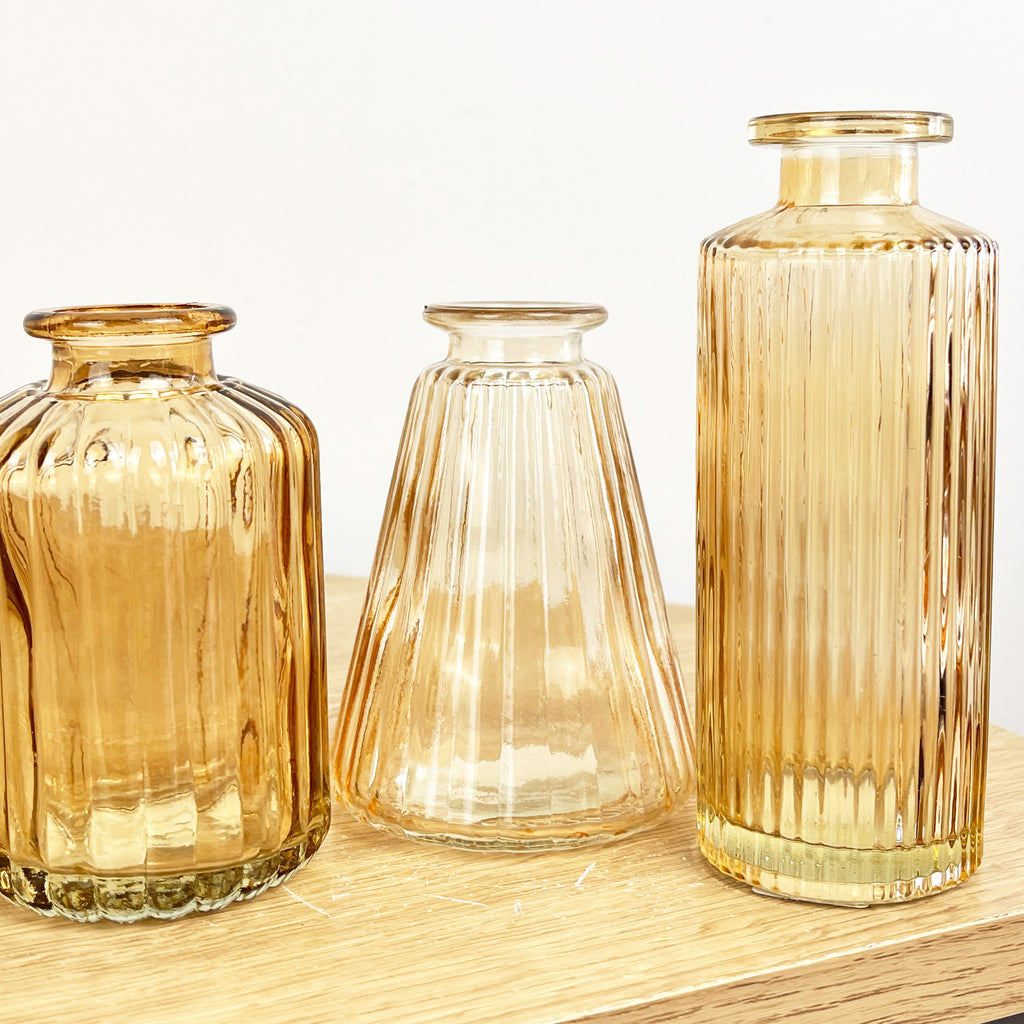 Set of 3 Amber Coloured Glass Bud / Stem Vases