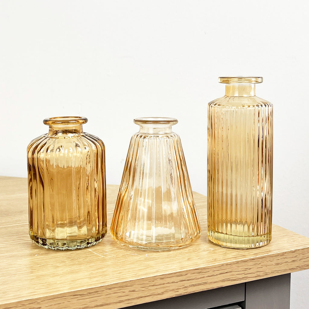 Set of 3 Amber Coloured Glass Bud / Stem Vases
