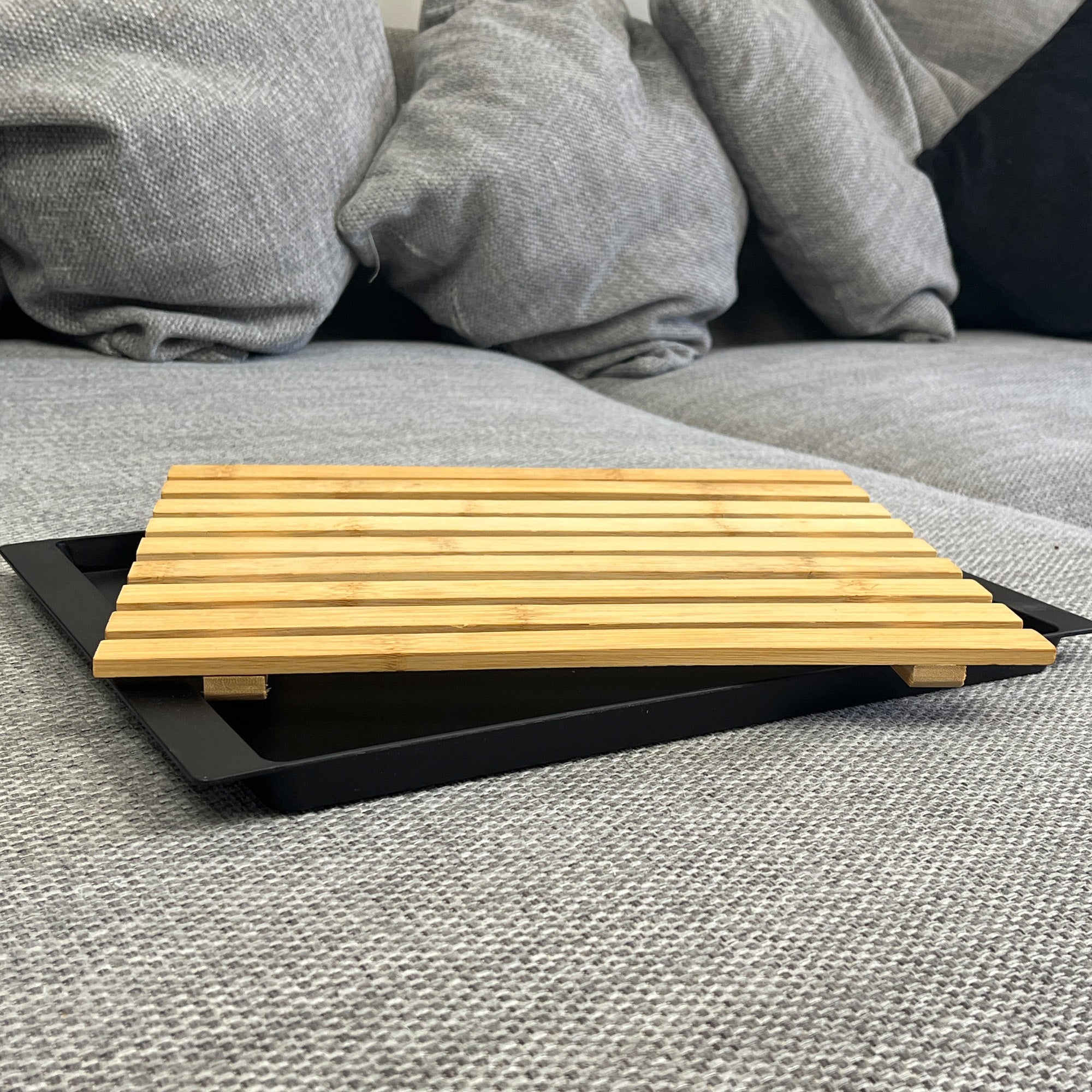 38cm Bamboo Bread Cutting Board with Plastic Crumb Catcher Base