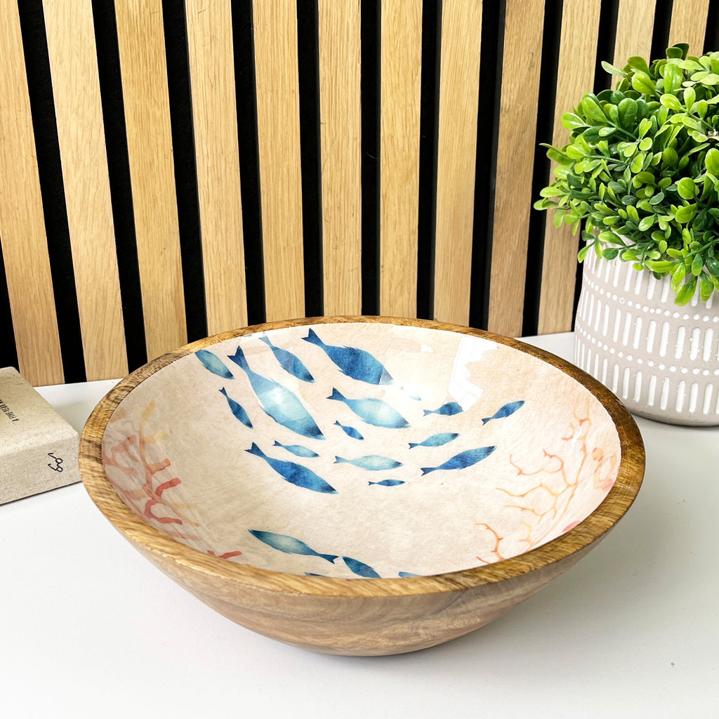 25.5cm Decorative Wooden Bowl with Enamel Nautical Fish Design