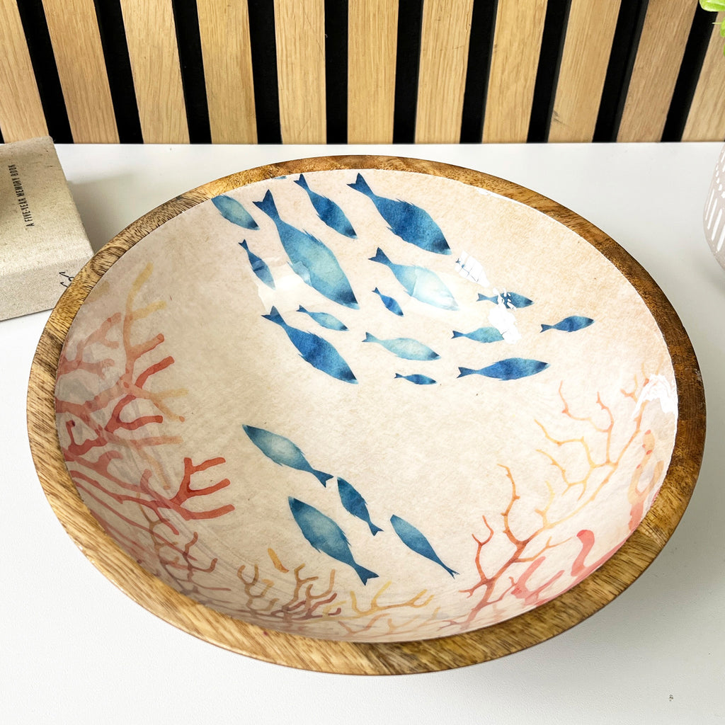 25.5cm Decorative Wooden Bowl with Enamel Nautical Fish Design
