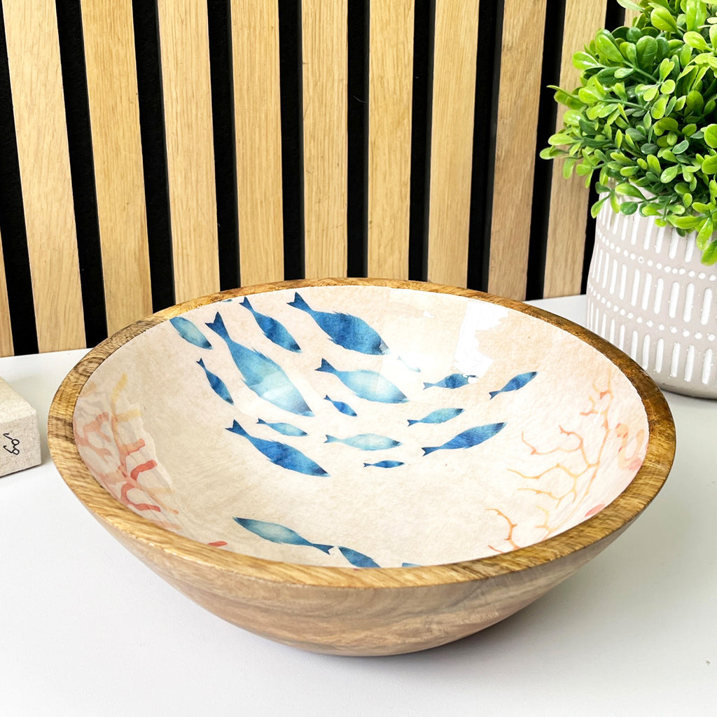 25.5cm Decorative Wooden Bowl with Enamel Nautical Fish Design