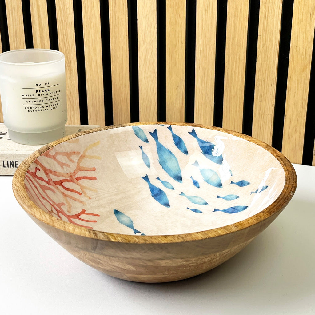 25.5cm Decorative Wooden Bowl with Enamel Nautical Fish Design